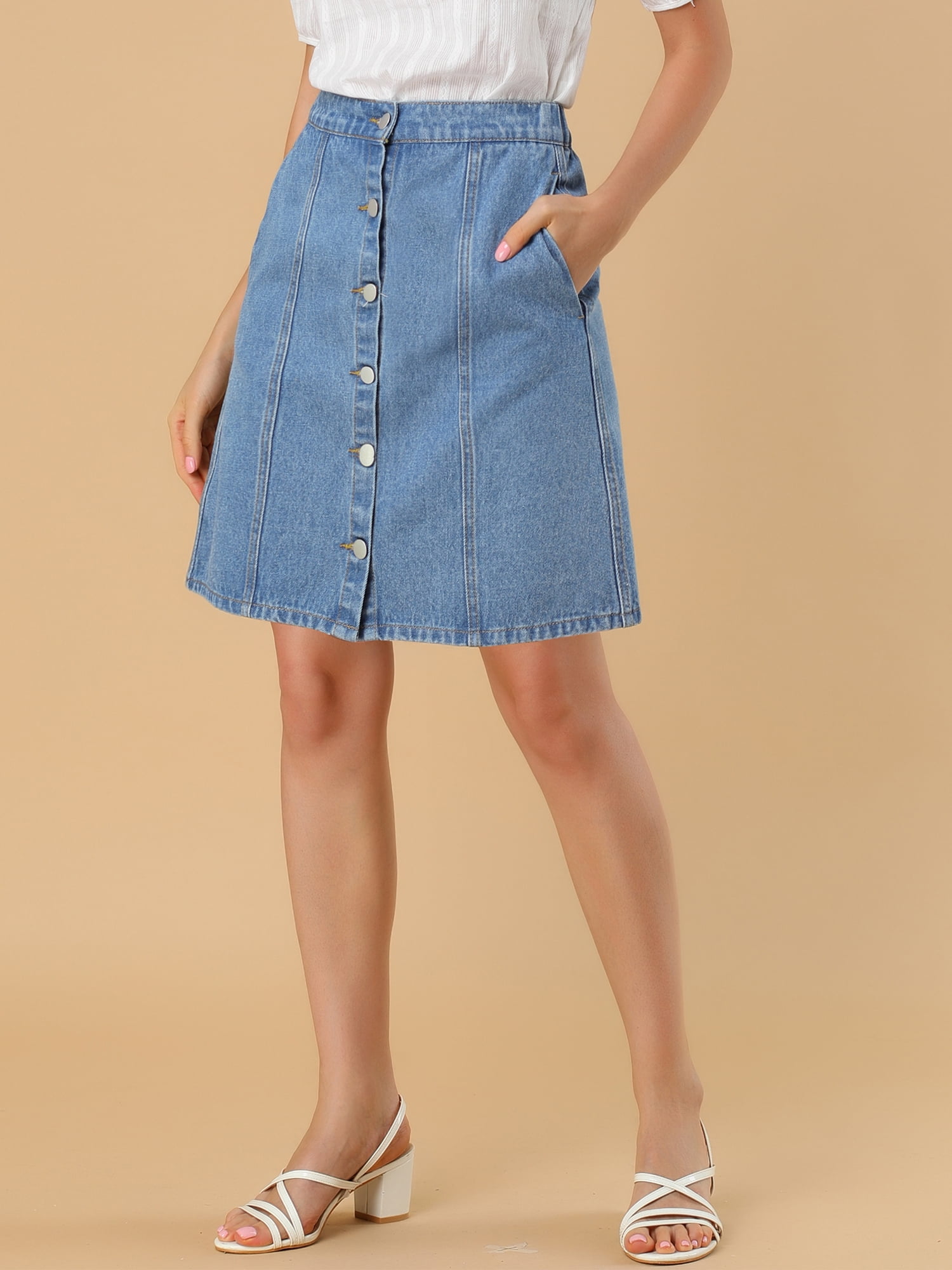 DARING DIVA Women's A-line Button Front Denim Short Skirt S Light Blue