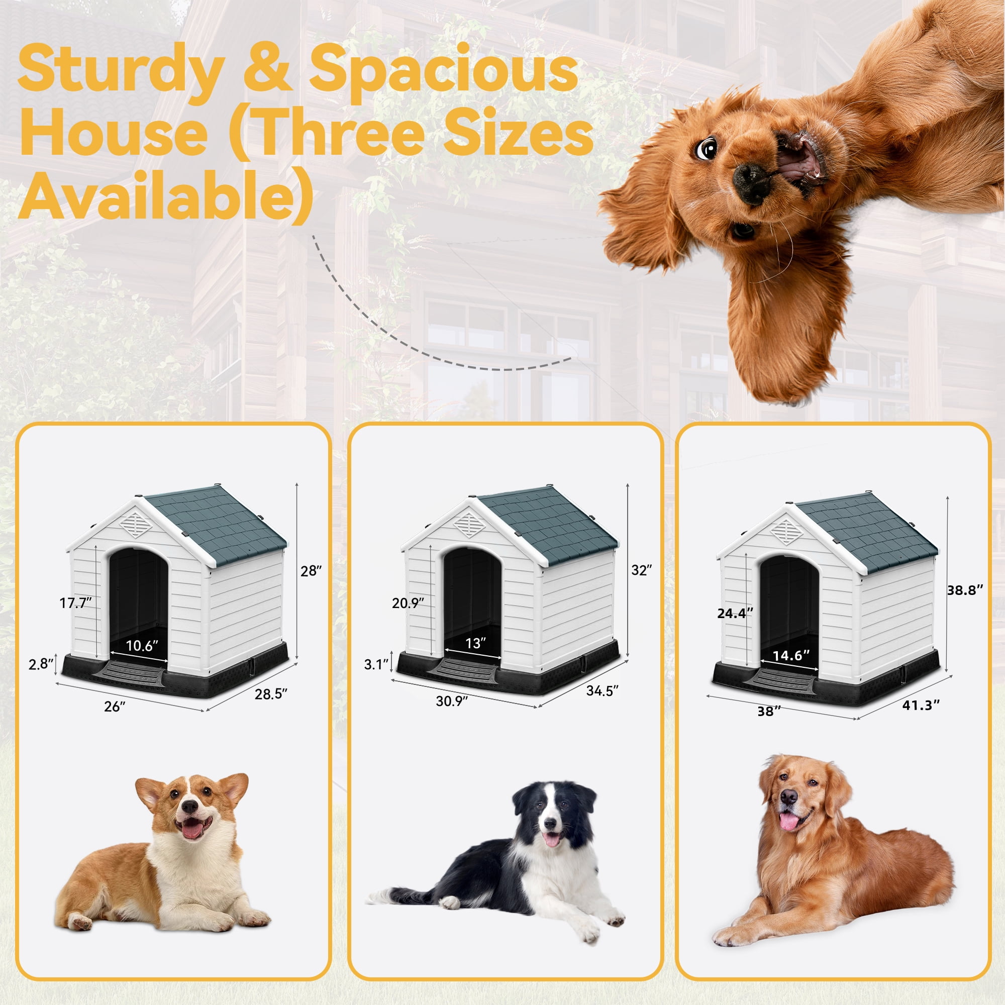 Dextrus 41" Large Waterproof Plastic Dog House with Elevated Floor & Air Vents, Outdoor Shelter, Gray