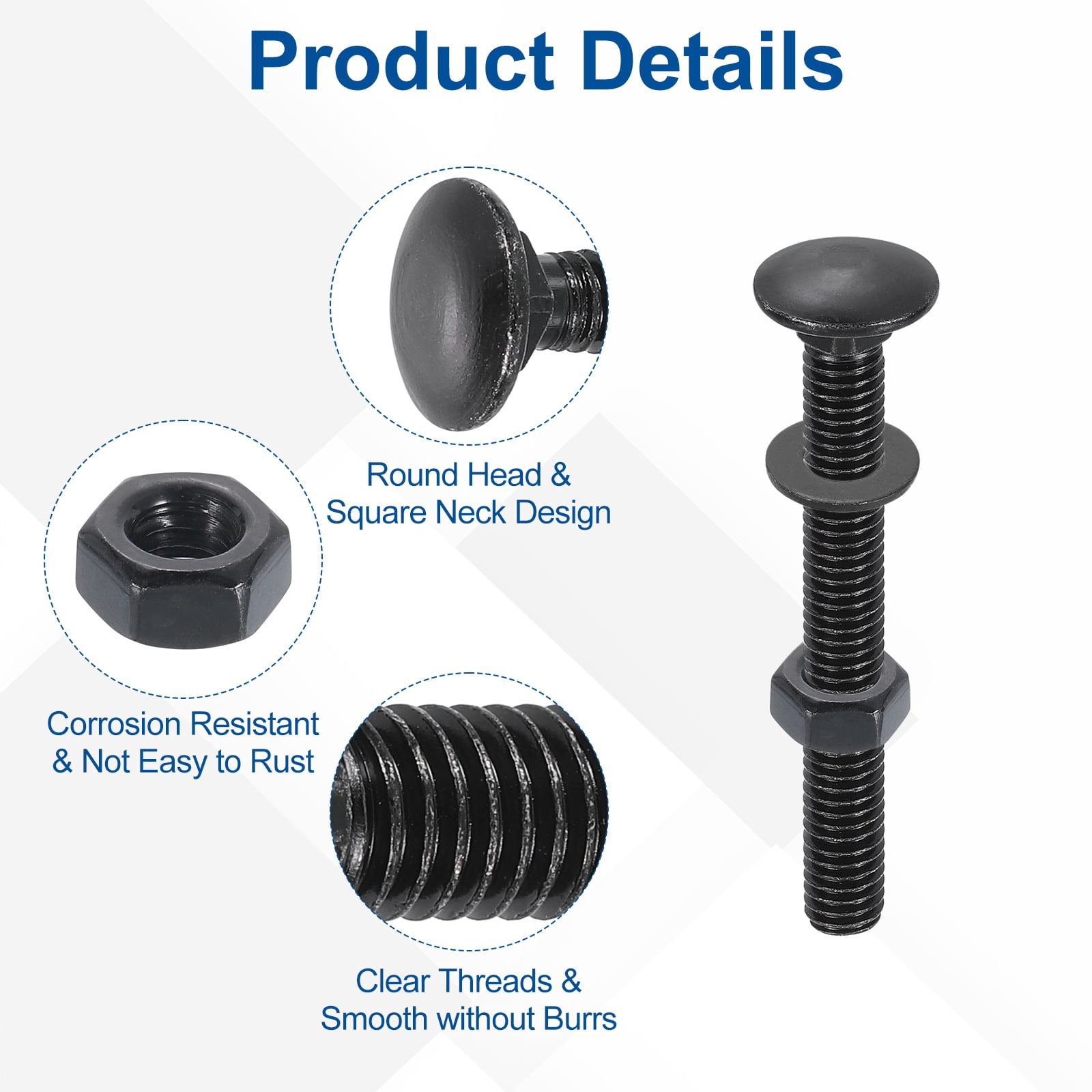 25 Set Carriage Bolts and Nuts Kit, 3/8"-16x4" Carbon Steel Round Head Square Neck Carriage Bolts Screws and Hex Nuts and Flat Washers - Black