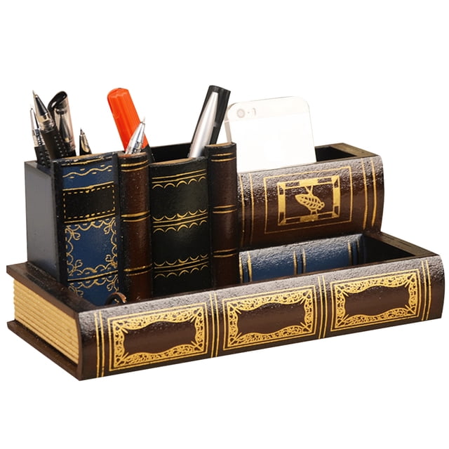 Coofit Desk Organizer Wood Vintage: Library Book Design Pencil Holder Makeup Organizer
