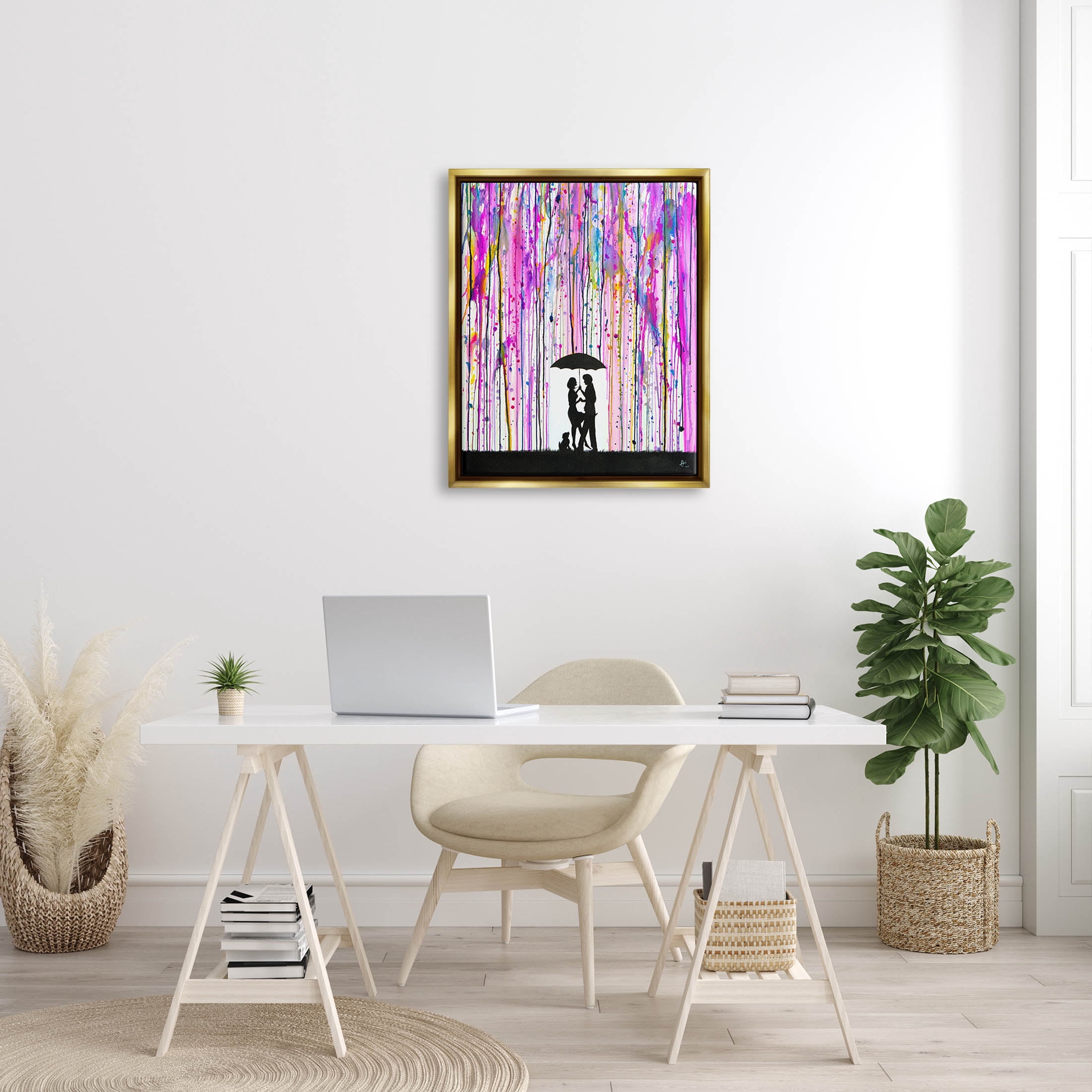 Bold Purple Rainfall Family Silhouette Abstract Graphic Art Metallic Gold Framed Art Print Wall Art