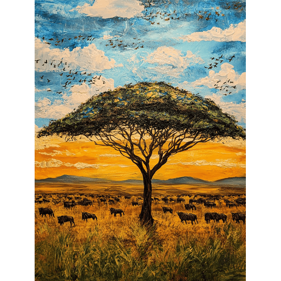 African Savanna Sunset Landscape Canvas Wall Art, Perfect for Living Room, Bedroom, Office, Dining Room, and Hallway Decoration.