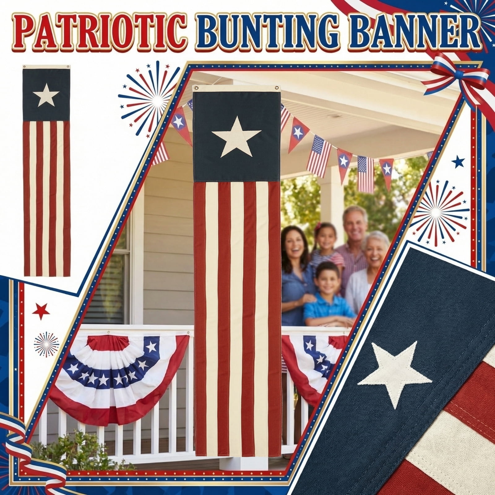 Heritage American Flag Banner – 12"W, 98"L Vertical Star Pull Flag – 250th USA Independence Day July 4th Patriotic Outdoor & Indoor Decors – JEWLALO