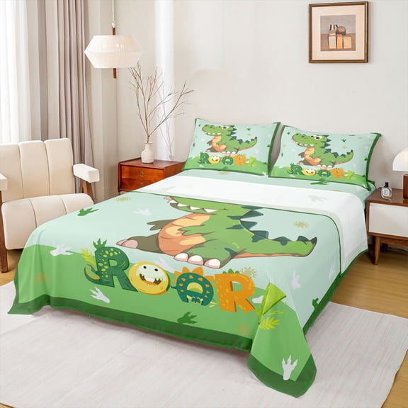 jejeloiu Cute Cartoon Dinosaur Twin Sheet Sets,Wild Animal Twin Fitted Sheet,Green Dino Flat Sheet For Boys Kids,Breathable Home Decor,3 Pieces