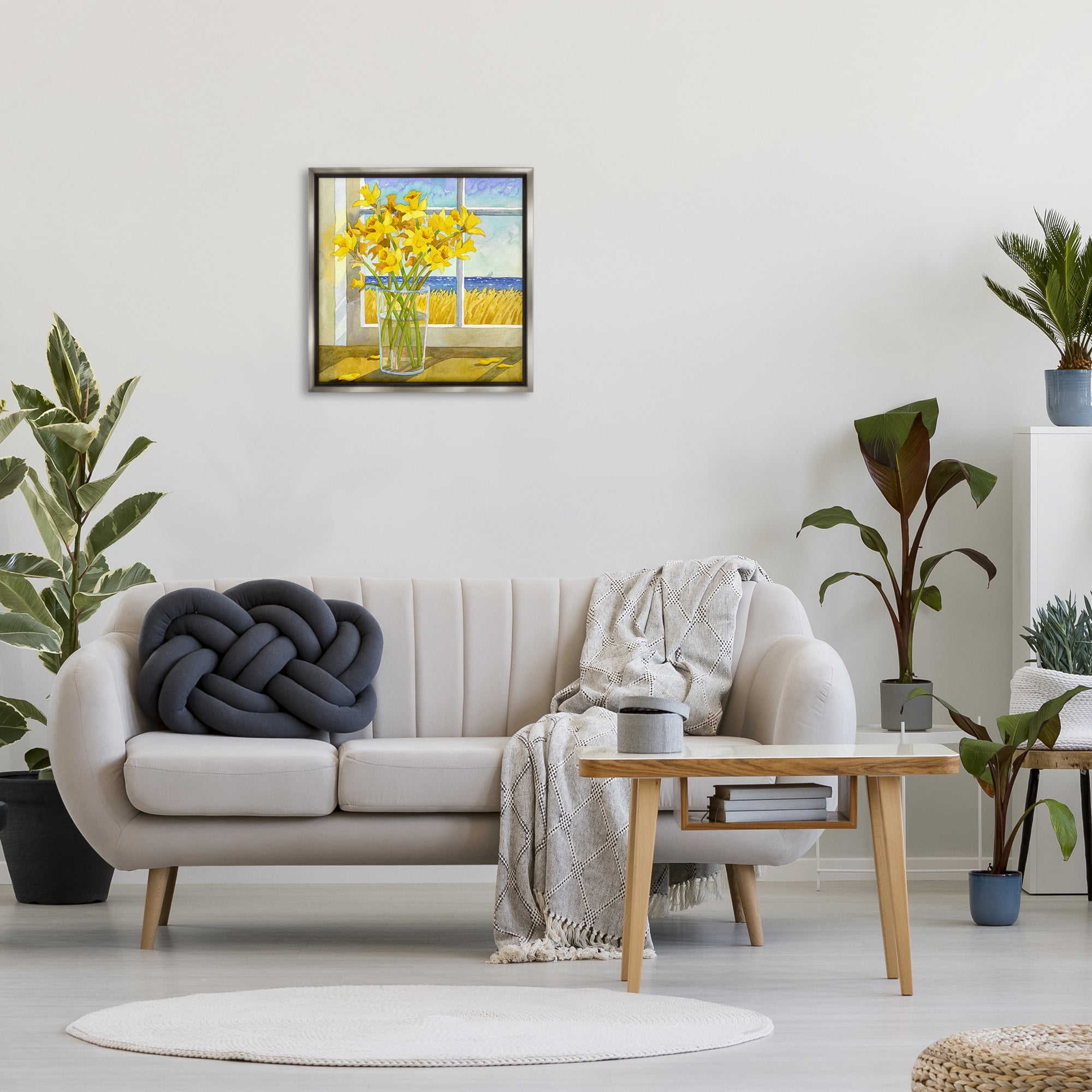 Stupell Industries Daffodils in Seaside Window Botanical & Floral Painting Gray Floater Framed Canvas Art Print Wall Art, 25 x 25