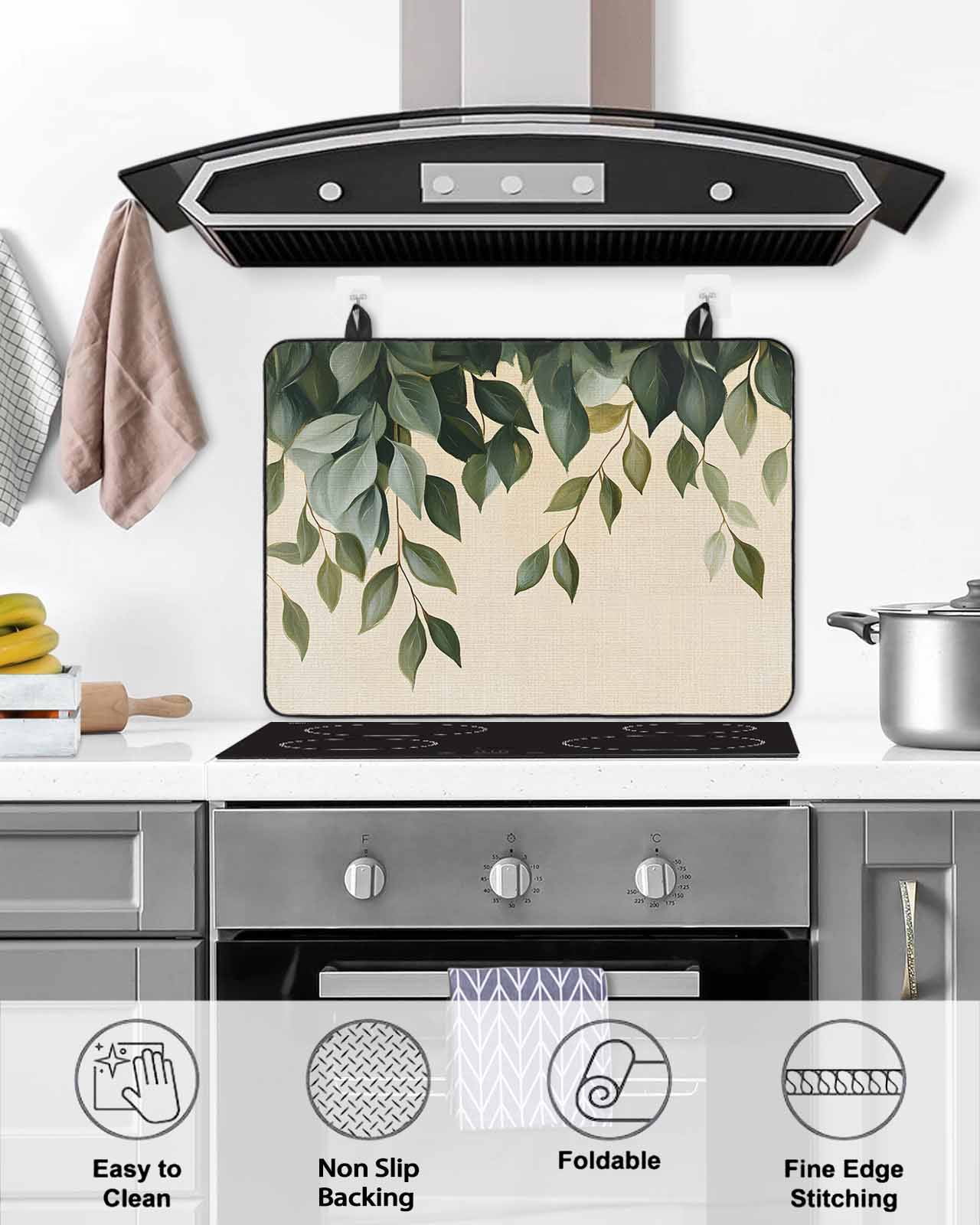 nqOlkjepod Large Induction Cooktop Protector Mat 24"x21", Spring Leaves Stove Top Covers for Electric Stove, Pastoral Botanical Green Plants Decorative Stove Burner Cover Mats, Glass Top Stove Cover