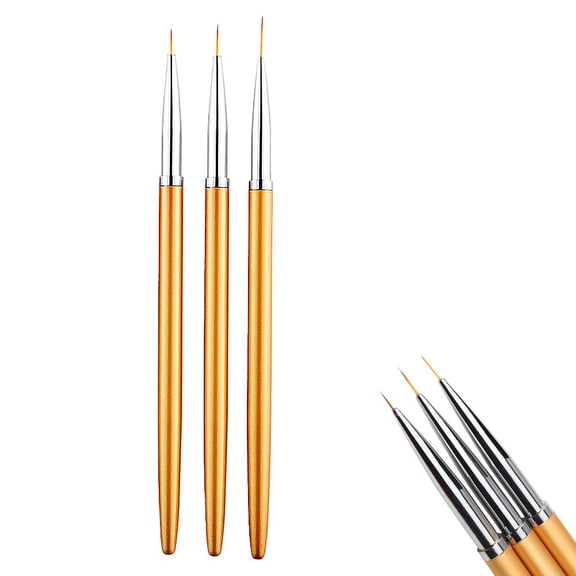 3pcs Nail Art Liner Brushes Set - 7mm, 9mm, 11mm Precision Fine Line Painting Pens with Gold Metal Handles for Detailed Nail Designs