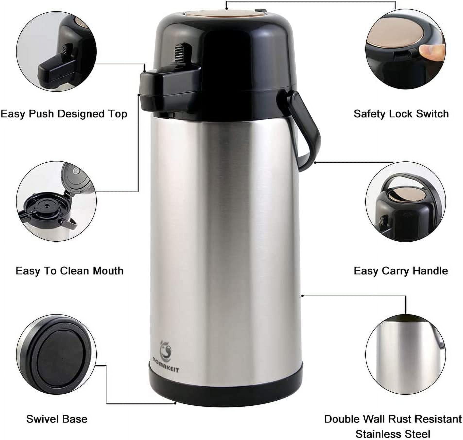 PortableAnd 101 Oz (3 L) Coffee Carafe with Pump, Stainless Steel  Double-wall Insulated Vacuum Airpot Thermal Hot Coffee Dispenser, 12 Hour  Heat 24