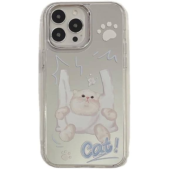 Funny White Plastic Bag Cat Plating Mirror Phone Case Compatible with iPhone Case (Silver,iPhone 11 Pro)
