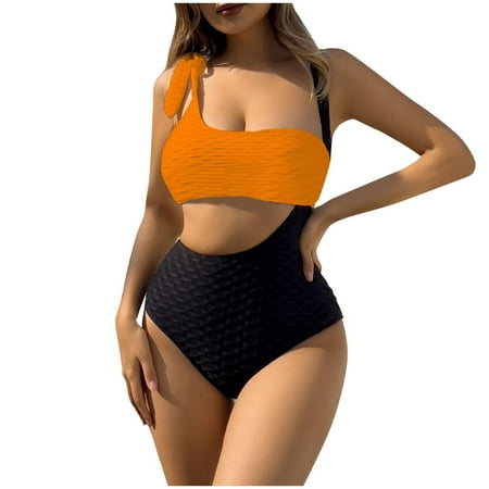 UTSJKR Women s Textured One Piece Swimsuit Colorblock Sexy Cutout Tummy Control Bathing Suit Slimming Push Up Padded Swimwear Orange L
