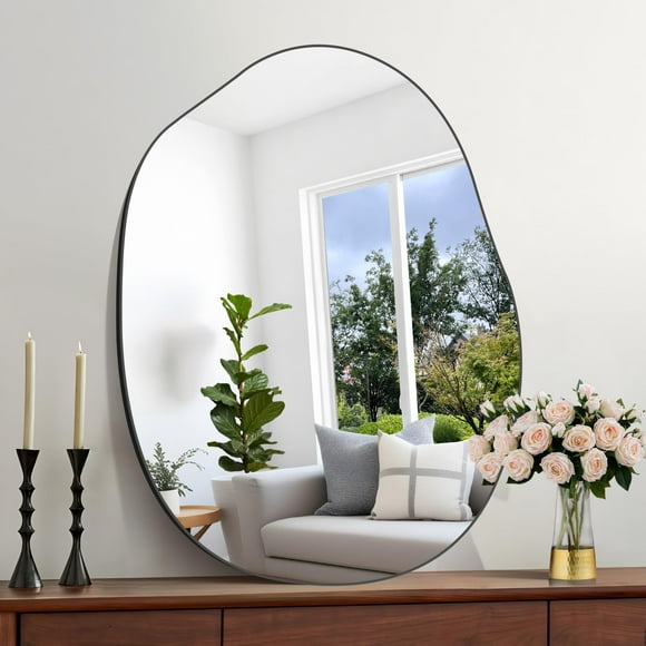 Leyden Asymmetrical Wall Mirror 24x32 inches, Bathroom Wall Mounted Mirror Irregular Black Aluminum Frame Mirror for Decorative Vanity Mirrors for Bedroom Living Room Entryway