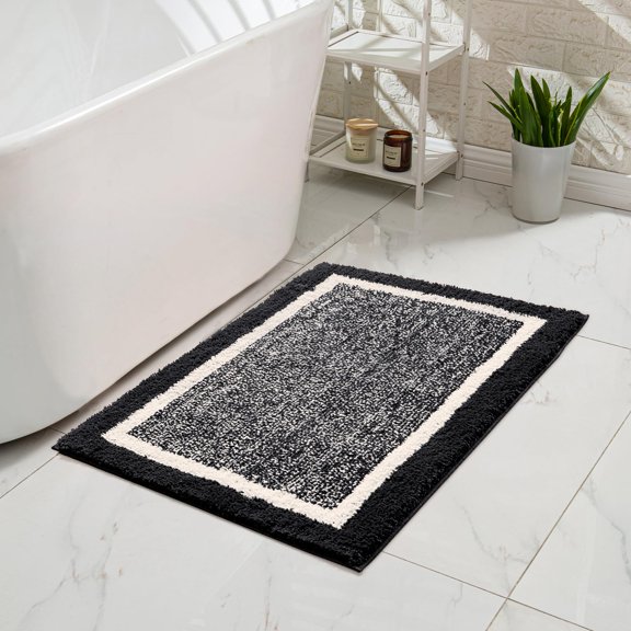 Bath mats for Bathroom Non Slip, Fluffy Shaggy Bath Rugs for Bathroom Washable, Extra Soft and Absorbent Microfiber Bath Rugs for Shower Sink, Kitchen Sink, Jet Black, 16" x 24"