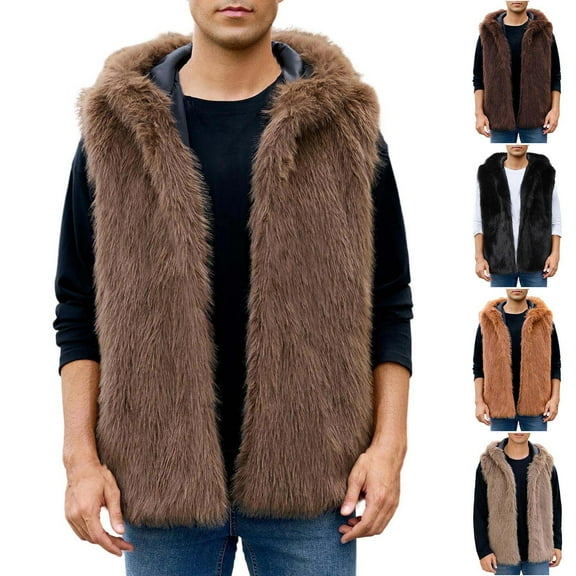 Xcmzpl Men's Warm Faux Fur Hooded Waistcoat Short Vest Jacket Coat Sleeveless Outwear Open Front Furry Cardigan Fluffy Outwear Vests