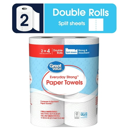 Great Value Everyday Strong Paper Towels, Split Sheets, 2 Double Rolls