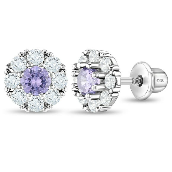 925 Sterling Silver Clear and Purple CZ Flower Screw Back Earrings For Girls