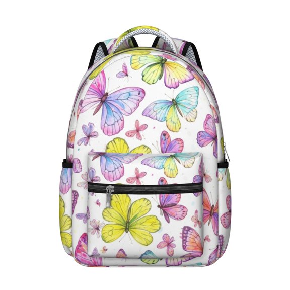 Butterfly and Watercolor Multicolor Pattern Backpack for School, Cute School Bag with Adjustable Shoulder Straps and Padded Back, 15.3"x11"x7.1"