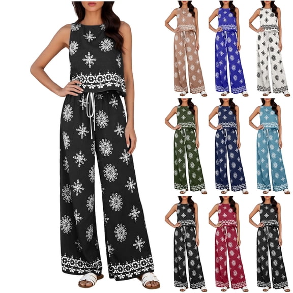 Zynoxe 2 Piece Sets for Women Going Out Comfy Crew Neck Sleeveless Crop Top Drawstring Waist Wide Leg Pants Suit Stylish Geometric Print Summer Sets Versatile Casual Beach Vacation Outfits S