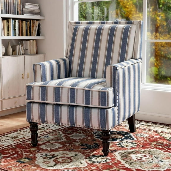 ZIVACATE Home Accent Chair, Mid Century Modern Accent Chair, Vintage Armchair with Blue and White Striped Linen Fabric and Nailhead Trim for Living Room, Bedroom or Reading Corner