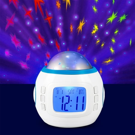 Kqiang Star Nightlig Alarm Clock Sunrise, Kids Alarm Clock Children Star Projection Digital Clock with Starry Sky Music Calendar Thermometer Backlight(White)