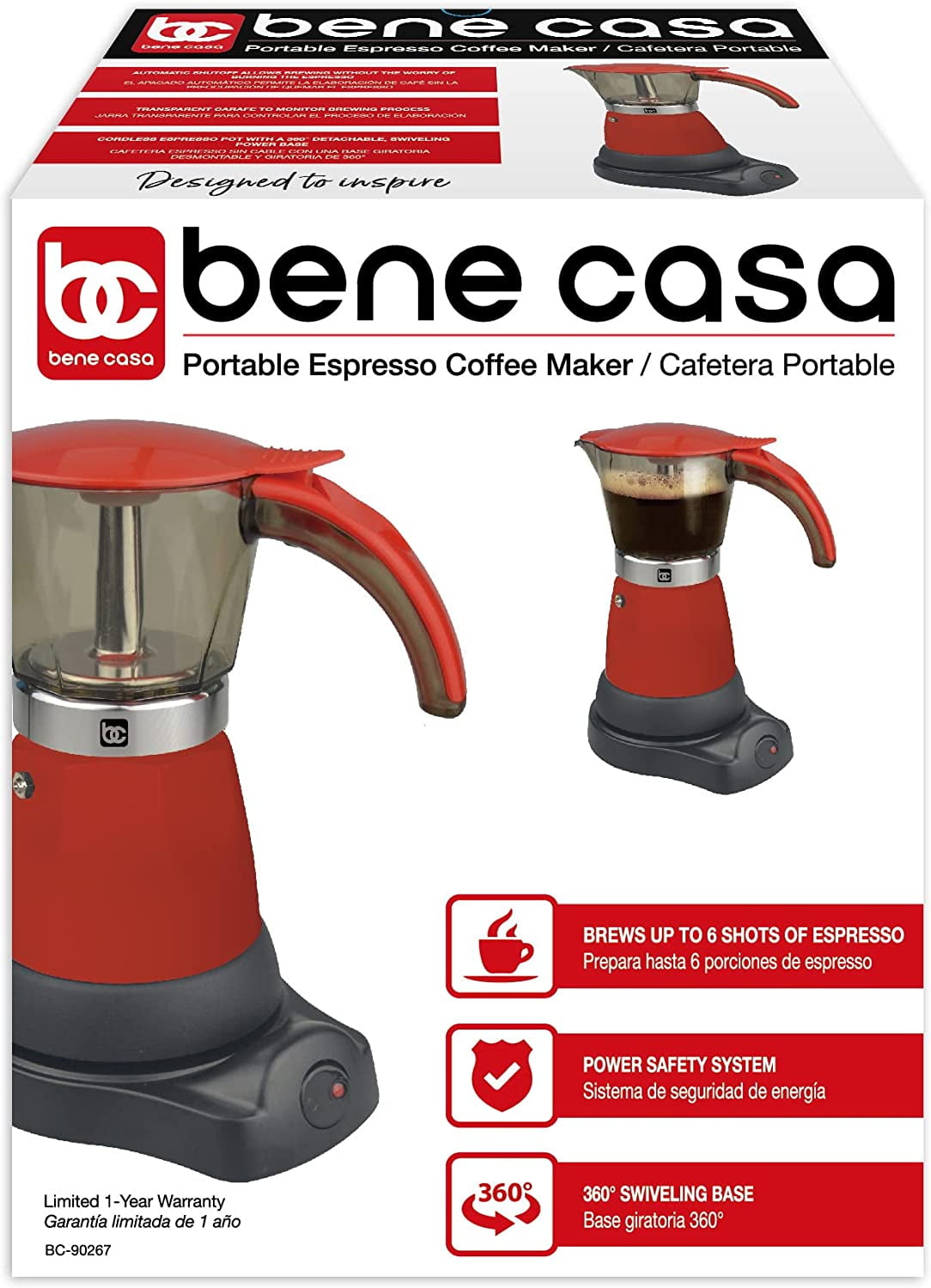 Bene Casa Red Portable Electric Espresso Maker 3 or 6 Cups/Cafetera Roja Portable Electrica Espresso de 3 o 6 Tasas