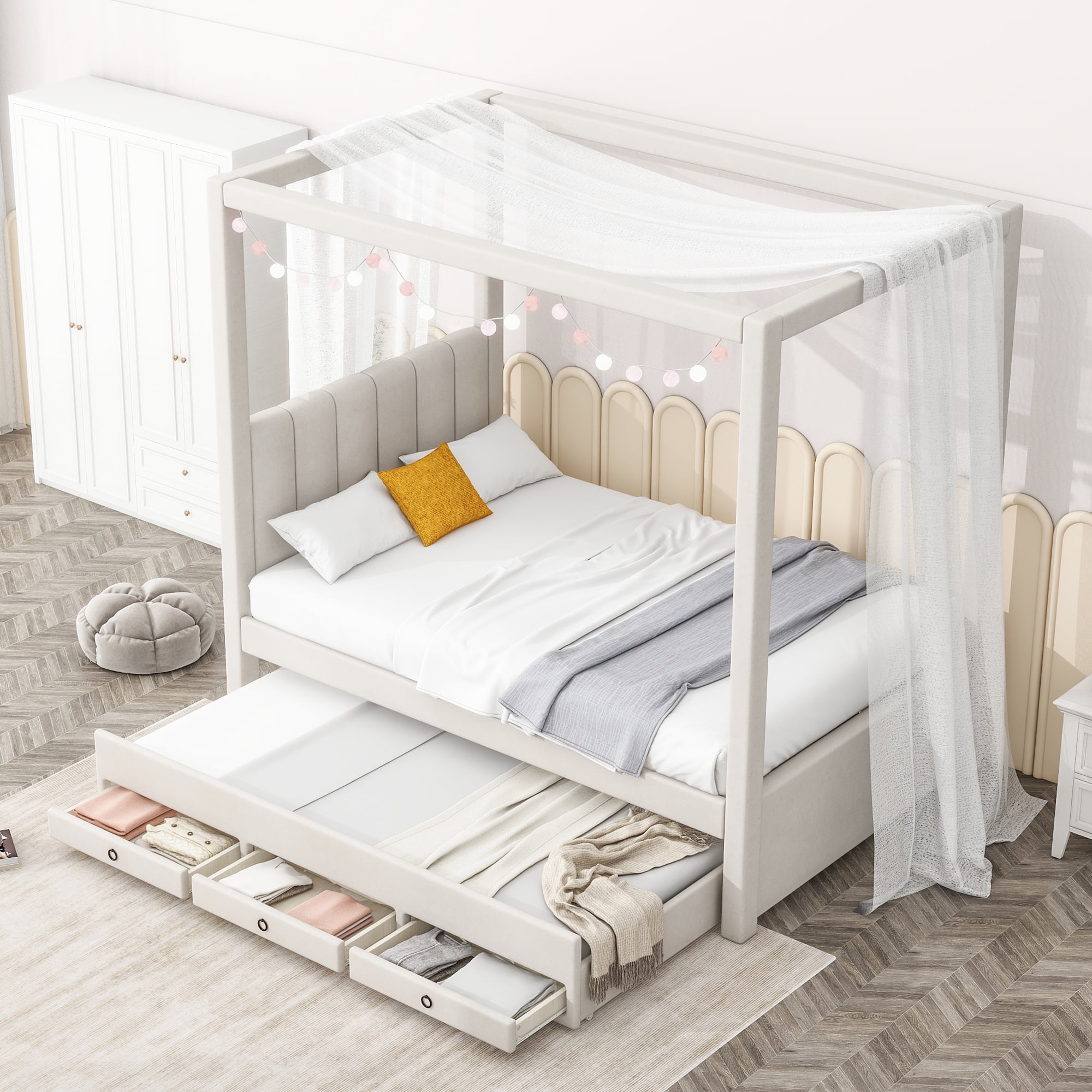 EUROCO Upholstered Twin Size Canopy Bed Frame with Trundle Bed and 3 Drawers, Platform Bed with Headboard for Kids Teens Adults, Beige