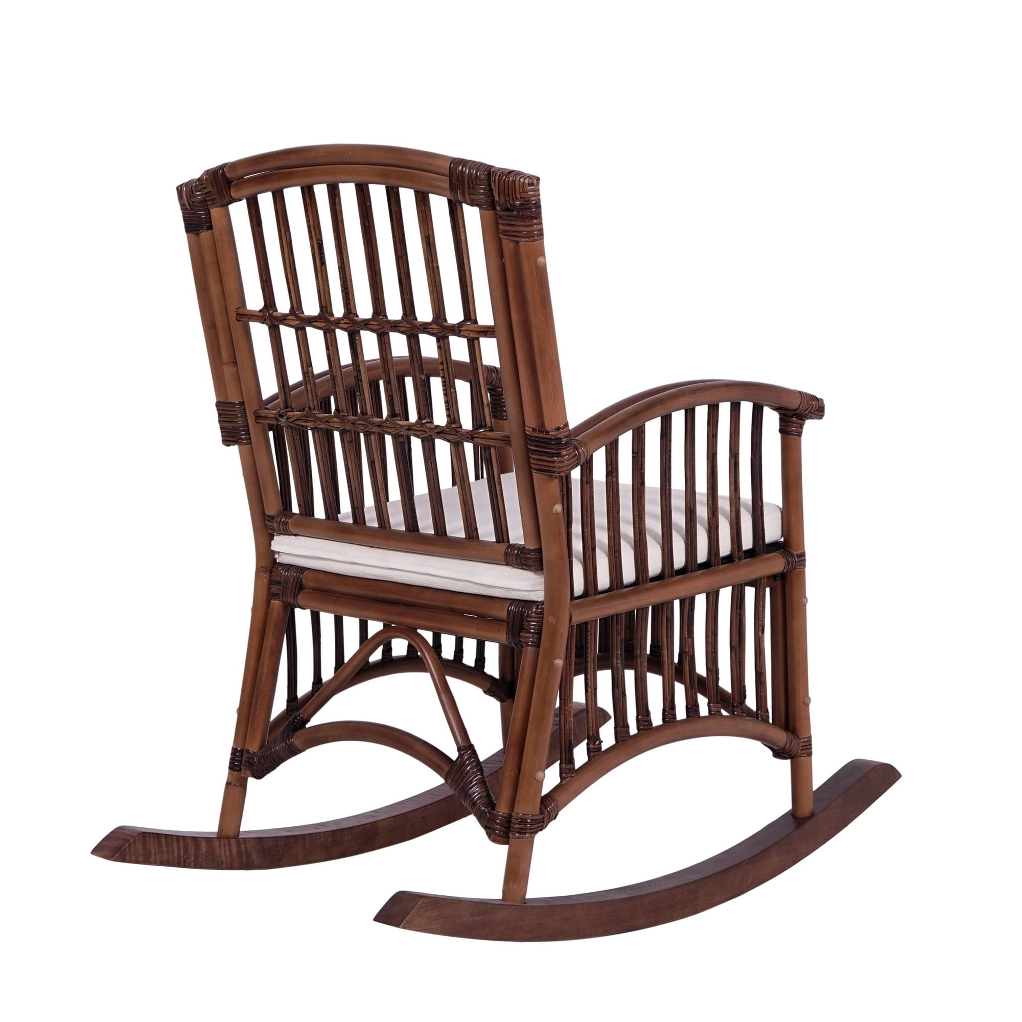 Swayze Bohemian Farmhouse Woven Rattan/Wood Rocking Chair, White Cushion with Brown Frame