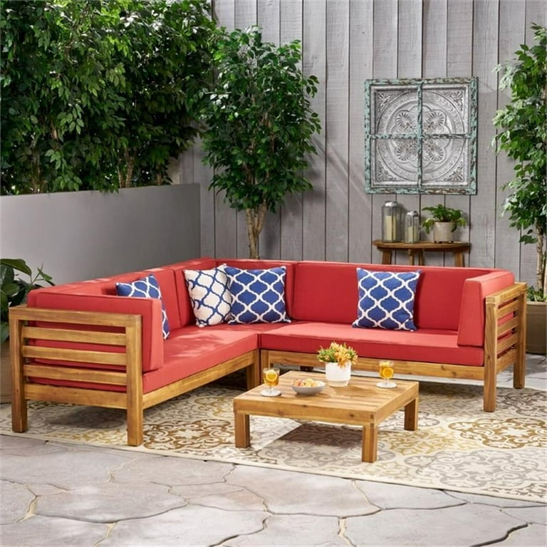 Noble House Oana 4 Piece Outdoor Acacia Wood Sectional Sofa Set in Red