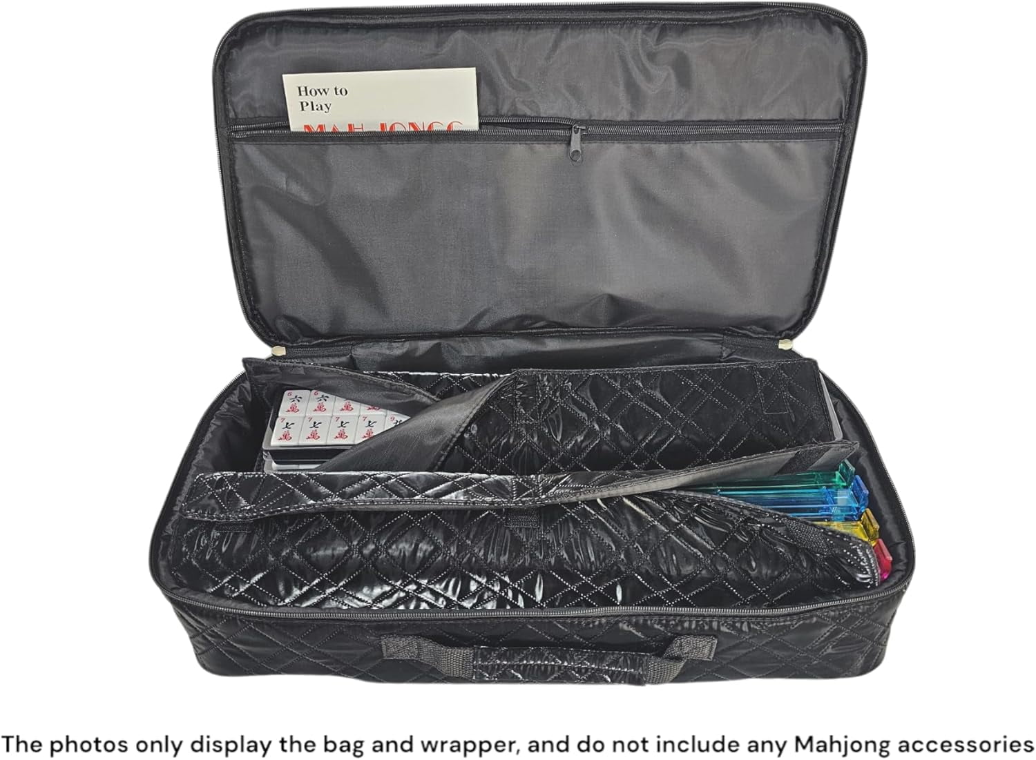 American Mahjong Set “Black - Quilted PU Leather Carrying Bag with Shoulder Strap & Handles, All-in-One Tile Racks with Pushers, 166 Engraved Tiles, Dice, Bettor, Extra Tiles & Instructions