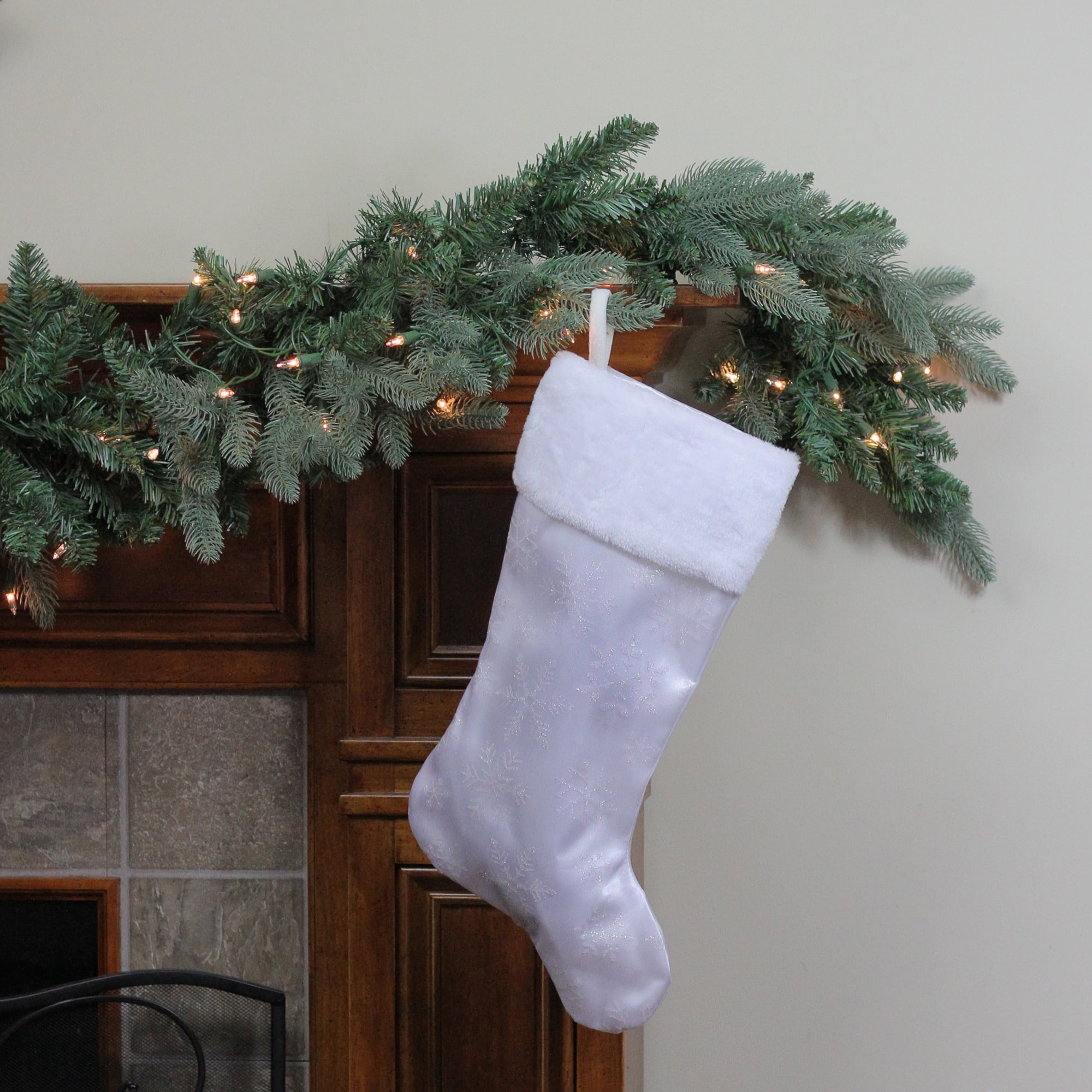 20" White Iridescent Glittered Snowflake Christmas Stocking with White Faux Fur Cuff