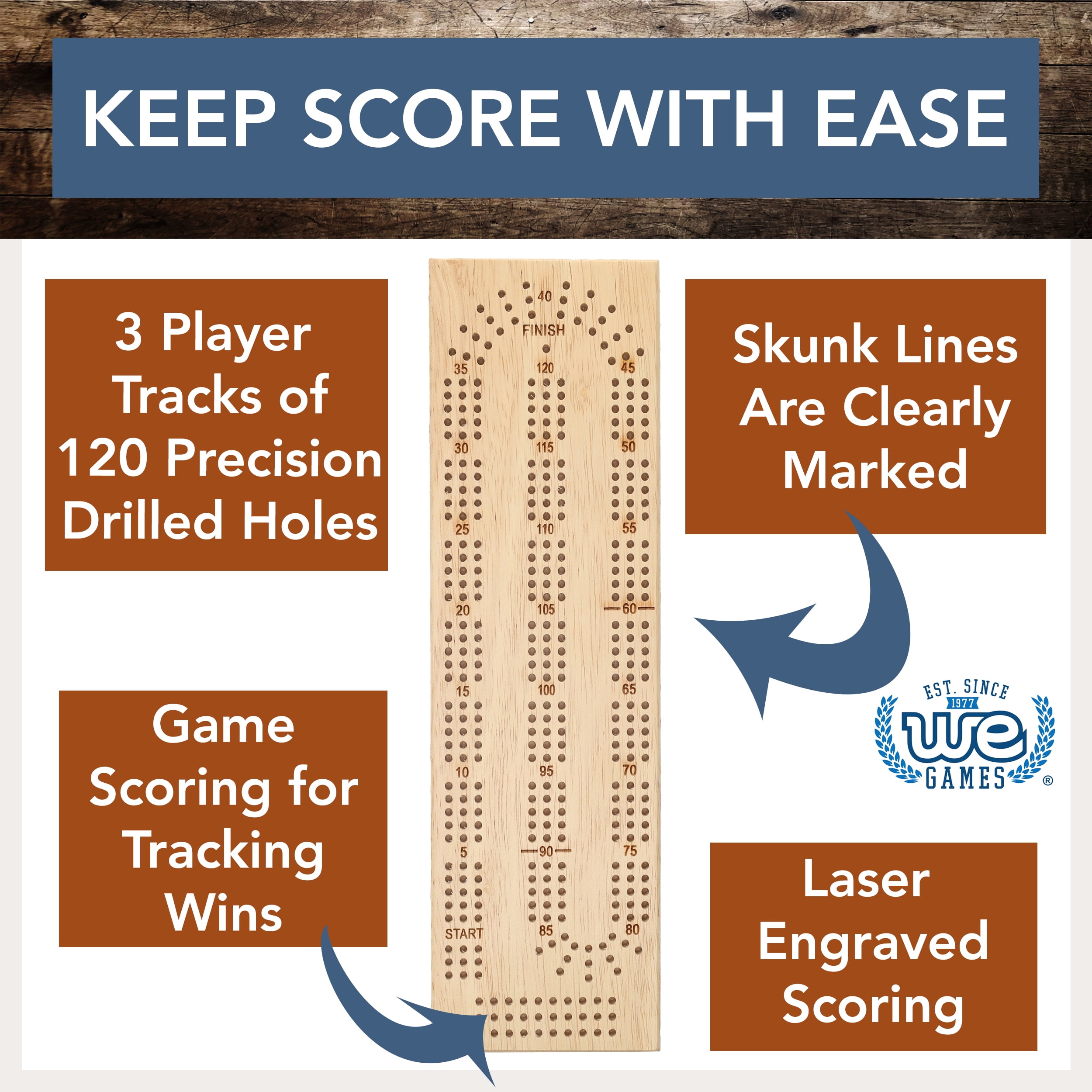 WE Games Wooden Travel Cribbage Board Game Set, Continuous 3 Track for 2-3 Players