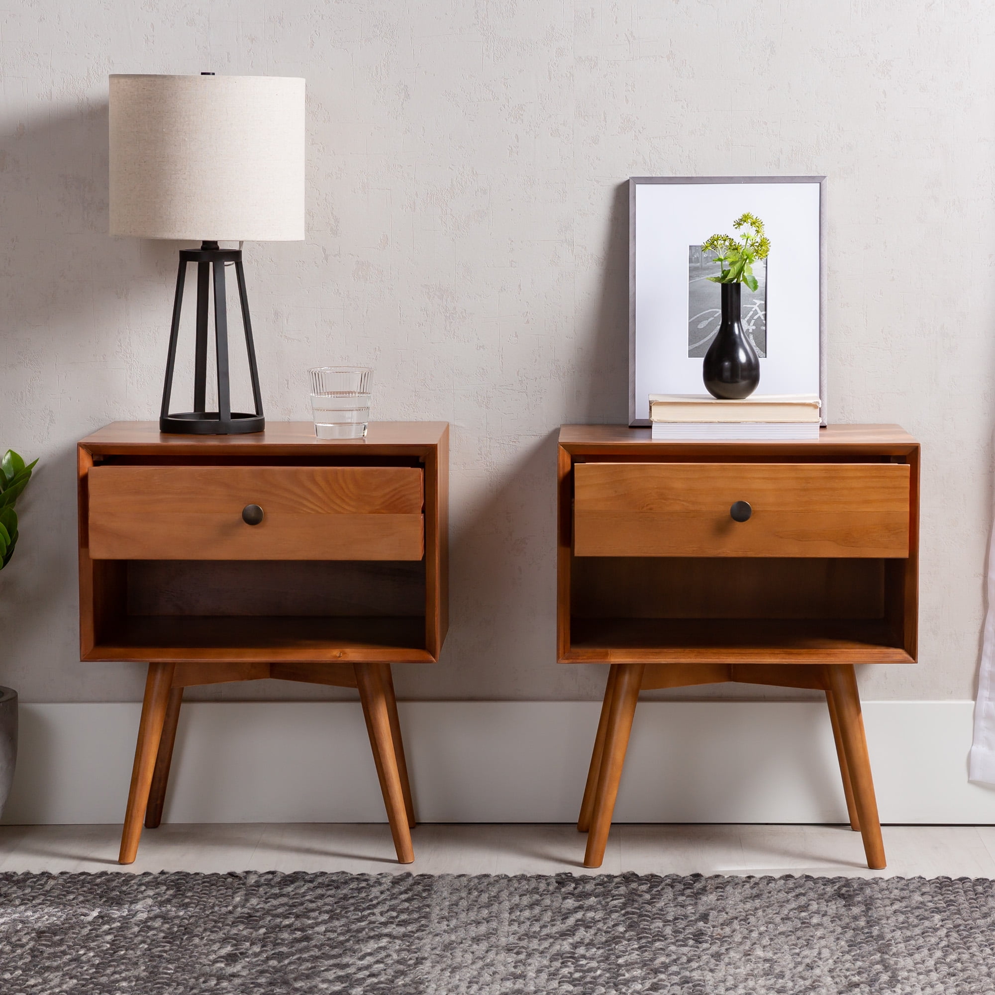 Mid-Century Caramel Solid Wood Nightstands by Walker Edison, Set of 2, Caramel