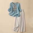 thumbnail image 2 of GZWYHT 2 Piece Sets For Women,Flowy Embroidered Boho Tops Cotton Set Summer Travel Outfits Lounge Wide Leg Pants Loose Fit Short Sleeve Blouses Peasant Blouses Blue XL, 2 of 5