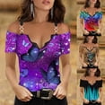 thumbnail image 2 of mujer moda v-cuello de encaje mariposa impreso spaghetti correa camisetas fuera del hombro manga corta blusa señoras casual algodón topspangjing, 2 of 3