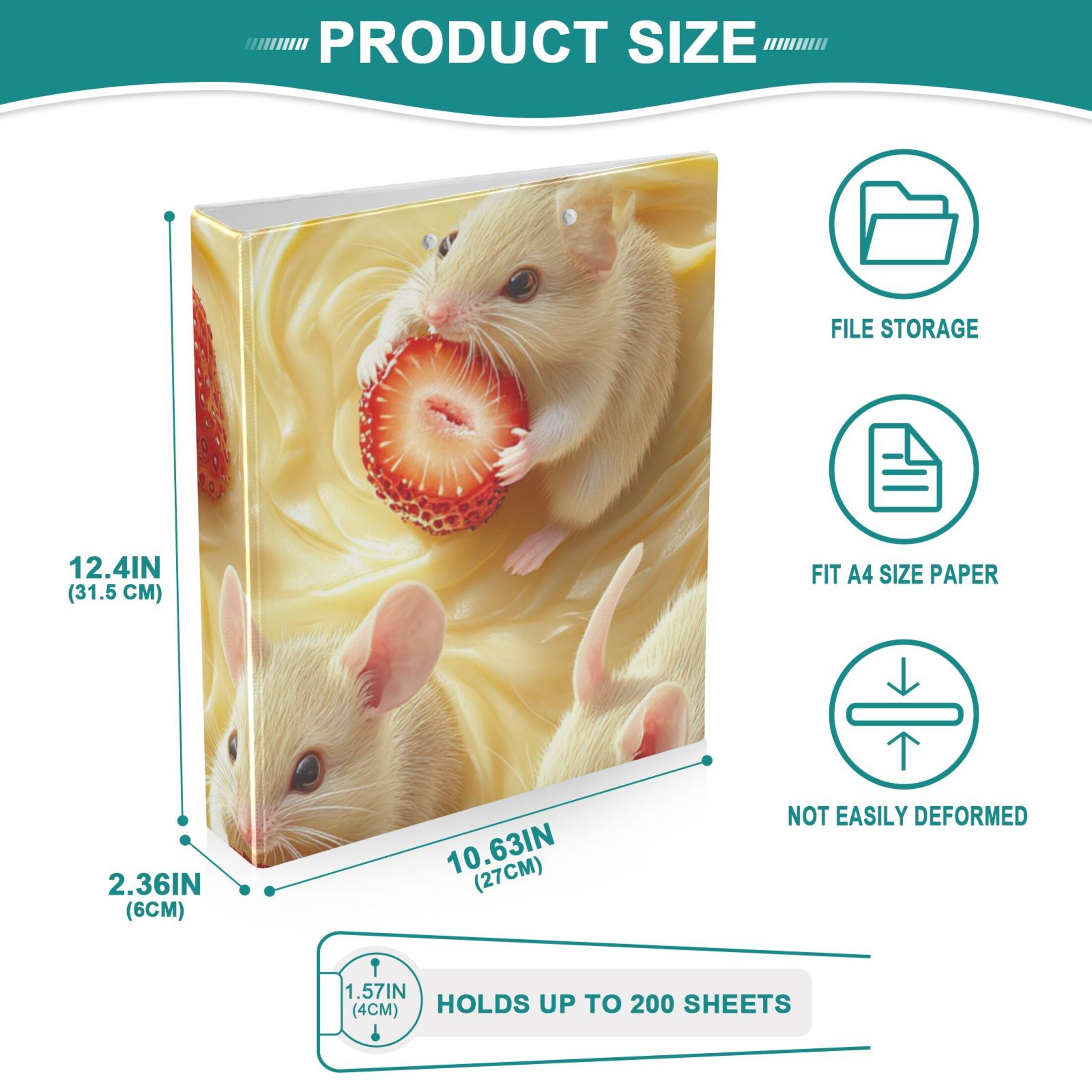 Strawberry and Mice 3 Ring Binders 1.5 inch Hardcover File Folders with Interior Pockets A4 Size Organizer for School Office Hospital