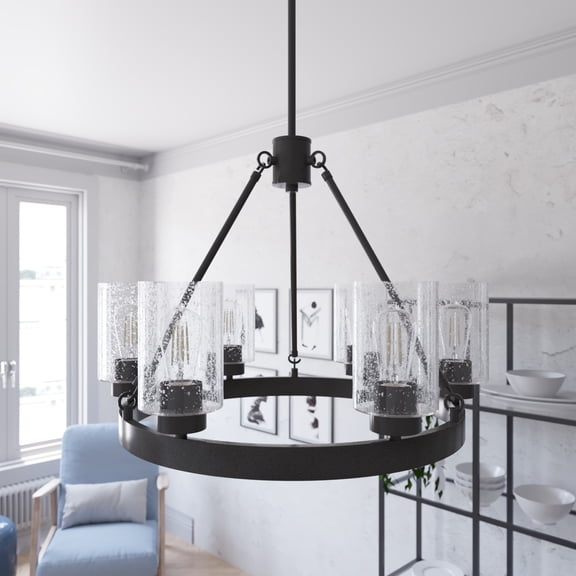 Hunter - Hartland 6-light Noble Bronze, Large Chandelier, Dimmable, Casual Style, Wagon Wheel Shaped, for Bedrooms, Kitchens, Dining, Living Rooms - 19162