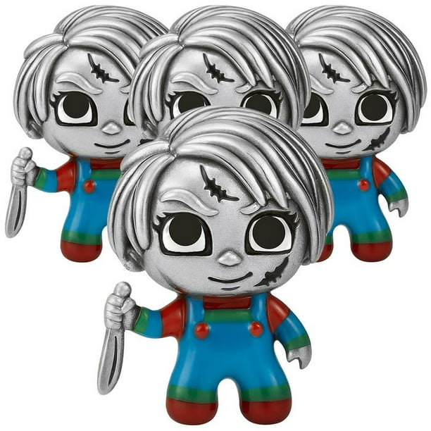 Dije muñeco de miedo plata fina CharmChucky 4Pzas Plata S925 Chapa Charm Separador Chucky Plateado Rojo, Verde y Azul