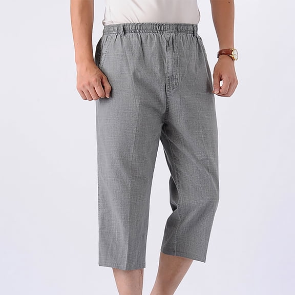 Nrmvnmi Men's Linen Cotton Capri Pants Loose Fit Elastic Waist Wide Leg Baggy Harem Pants Mothers day Gifts for Wife