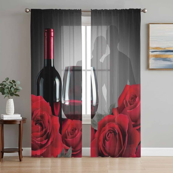 Valentine's Day Sheer Curtains 84 Inch Length 2 Panels Set, Modern Classic Red Rose Flower Voile Window Treatment Rod Pocket Curtains Sheers Drapes for Bedroom/Living Room/Kitchen 52"x84"x2
