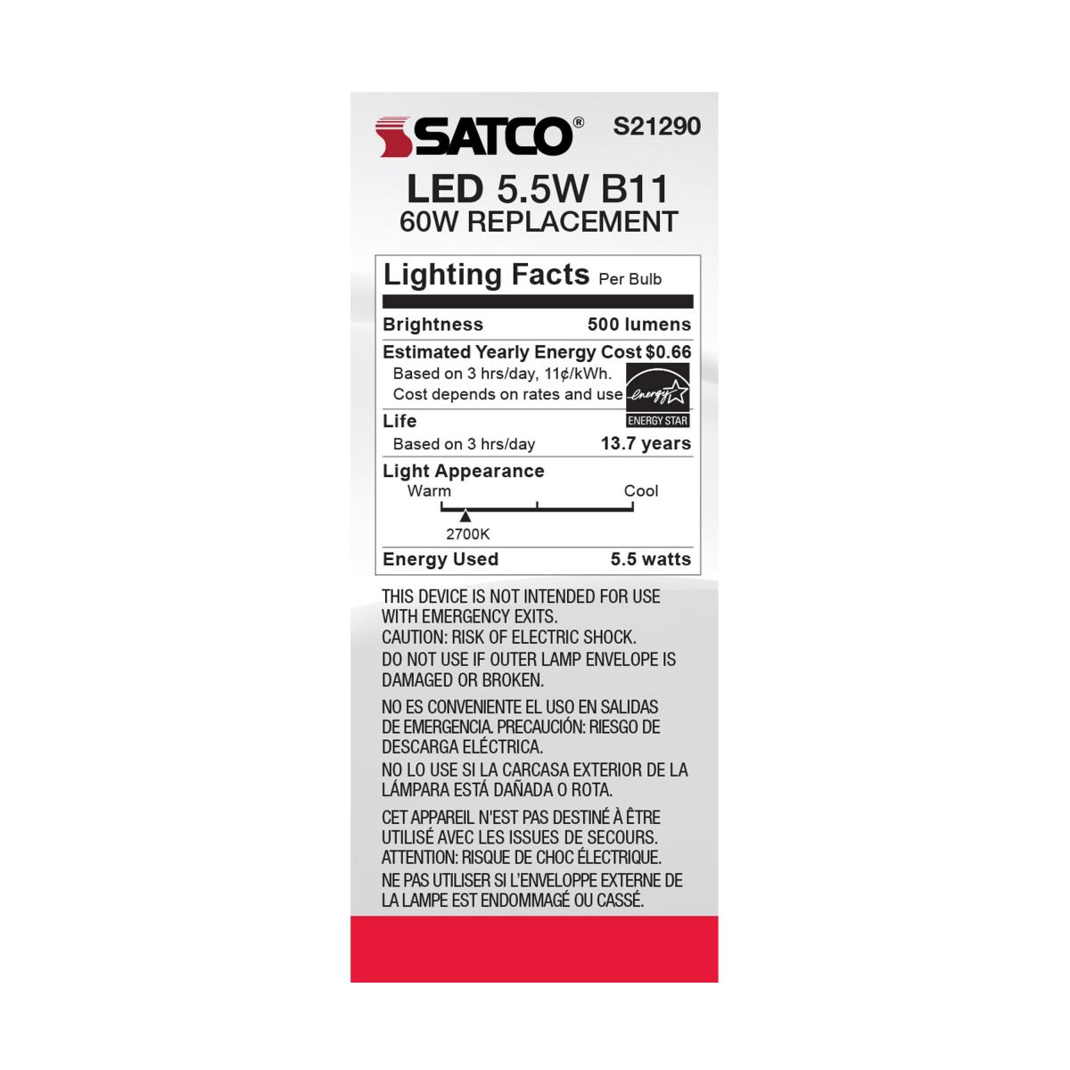 SATCO S21290 5.5W 120V B11 2700K 500 Lumen LED E26 Medium Base Light Bulb Dimmable (6 Pack)