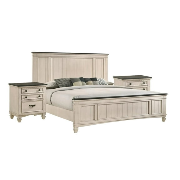 Rustic Cottage Style 3pc King Size Panel Headboard Bed and 2x Nightstands Set Beige Finish Wooden Bedroom Furniture