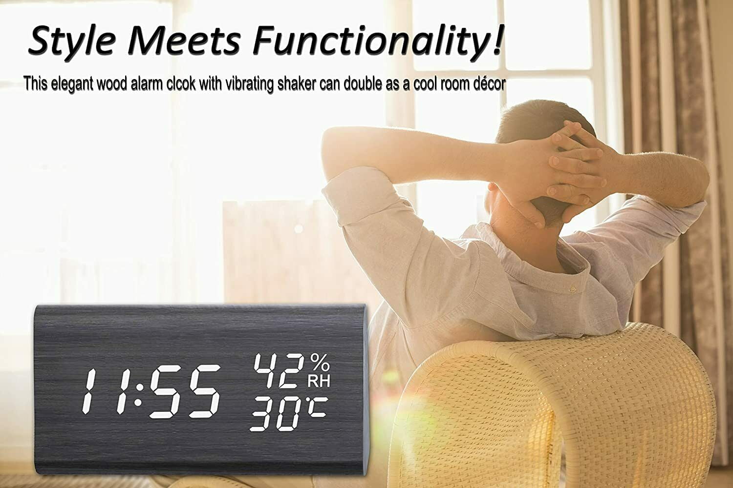 CoolFire Wooden Vibrating Alarm Clock for Heavy Sleepers Adults, Wake Loud Alarm Clock for Heavy Sleepers, Bed Shaker Alarm Clock, Smart Alarm Clock (Black)