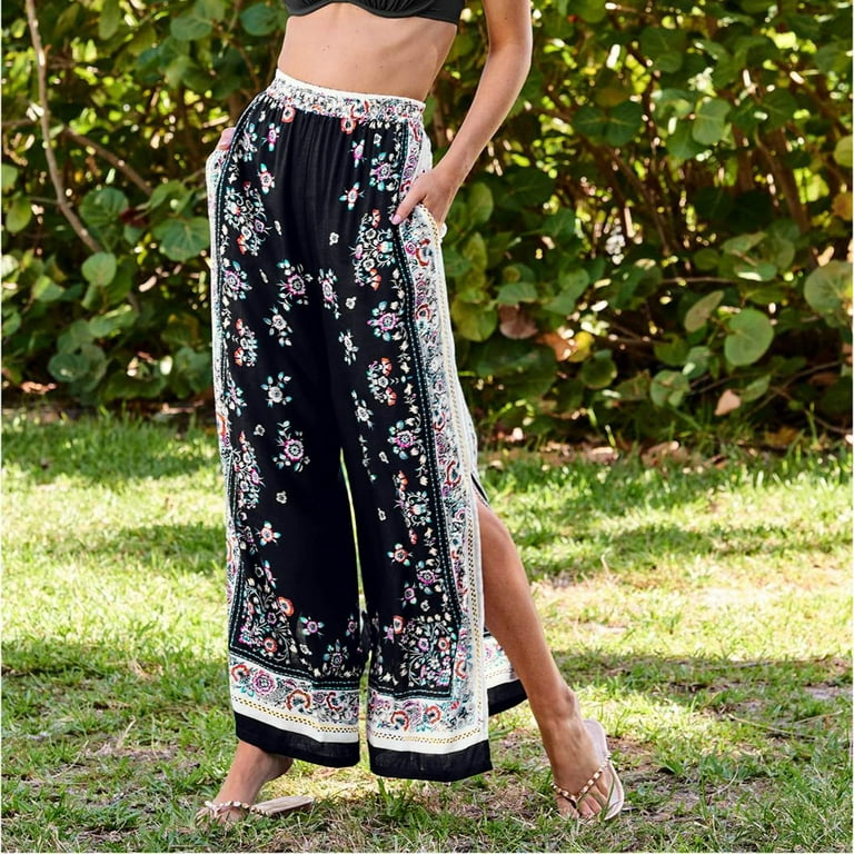 RQYYD Women's Boho Floral Printed Casual Yoga Pants Palazzo Side