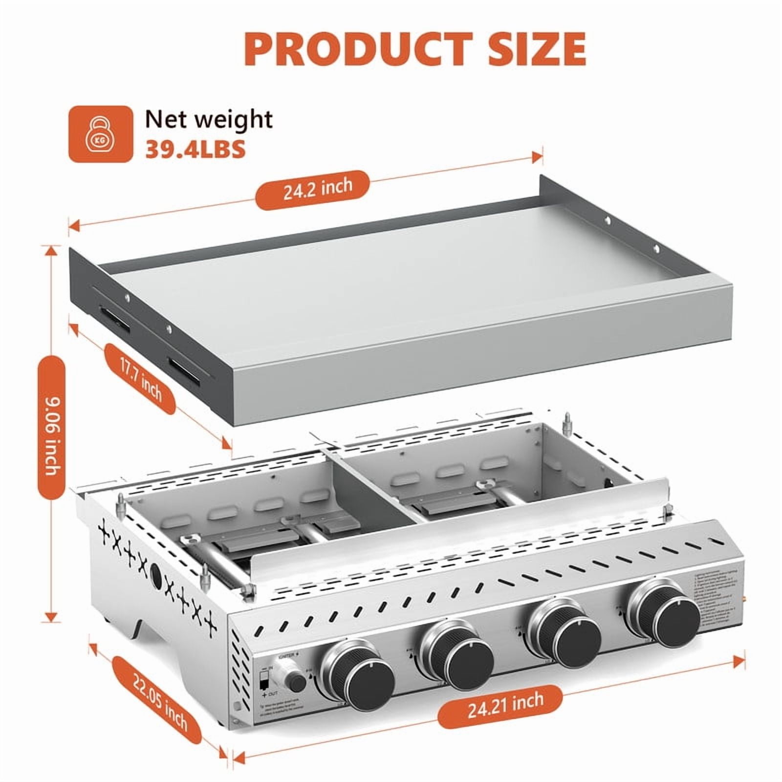 KNDKO Stainless Steel 4-Burner Propane Gas Grill, 34001 BTU BBQ Grill with Tool Holders, Porcelain-Enameled Cast, Iron Grates for Outdoor Cooking