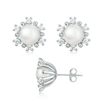 Yami Elegant Cultured White Pearl Earrings & Cubic Zirconia Flower 925 Sterling Silver Stud, 8-8.5mm, Hypoallergenic Mother's Day Gift for Her