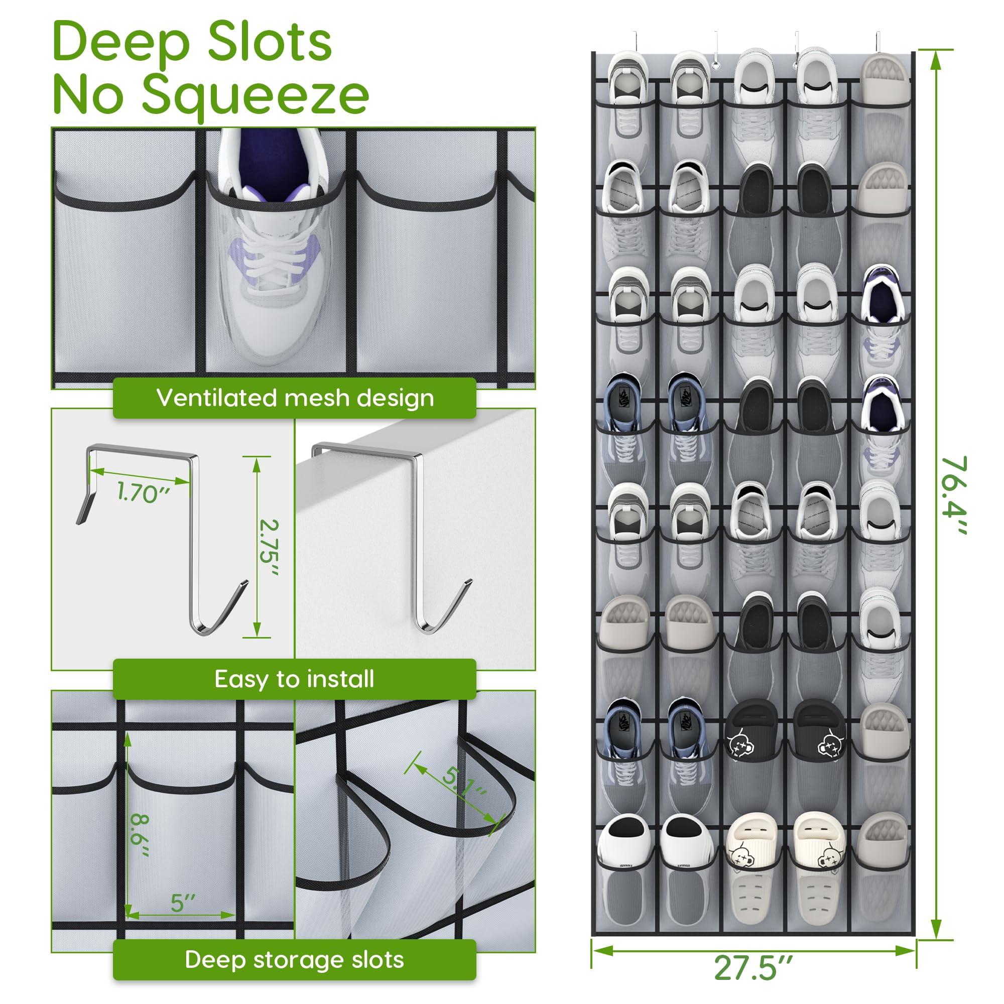 Over the Door Shoe Organizer with 40 Pockets, 18 Travel Shoe Bags & 1 Washing Bag, Hanging Shoe Rack with Breathable Mesh