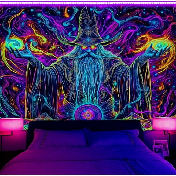 Blacklight Tapestry, Trippy Wizard Tapestry for Bedroom, UV Reactive Tapestries, Magic Eyes Tapestry, Purple Blue Neon Starry Wall Tapestry Hanging for Home Dorm Decor,60X40