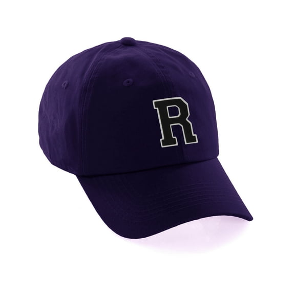 Customized Letter Intial Baseball Hat A to Z Team Colors, Purple Cap White Black Letter R