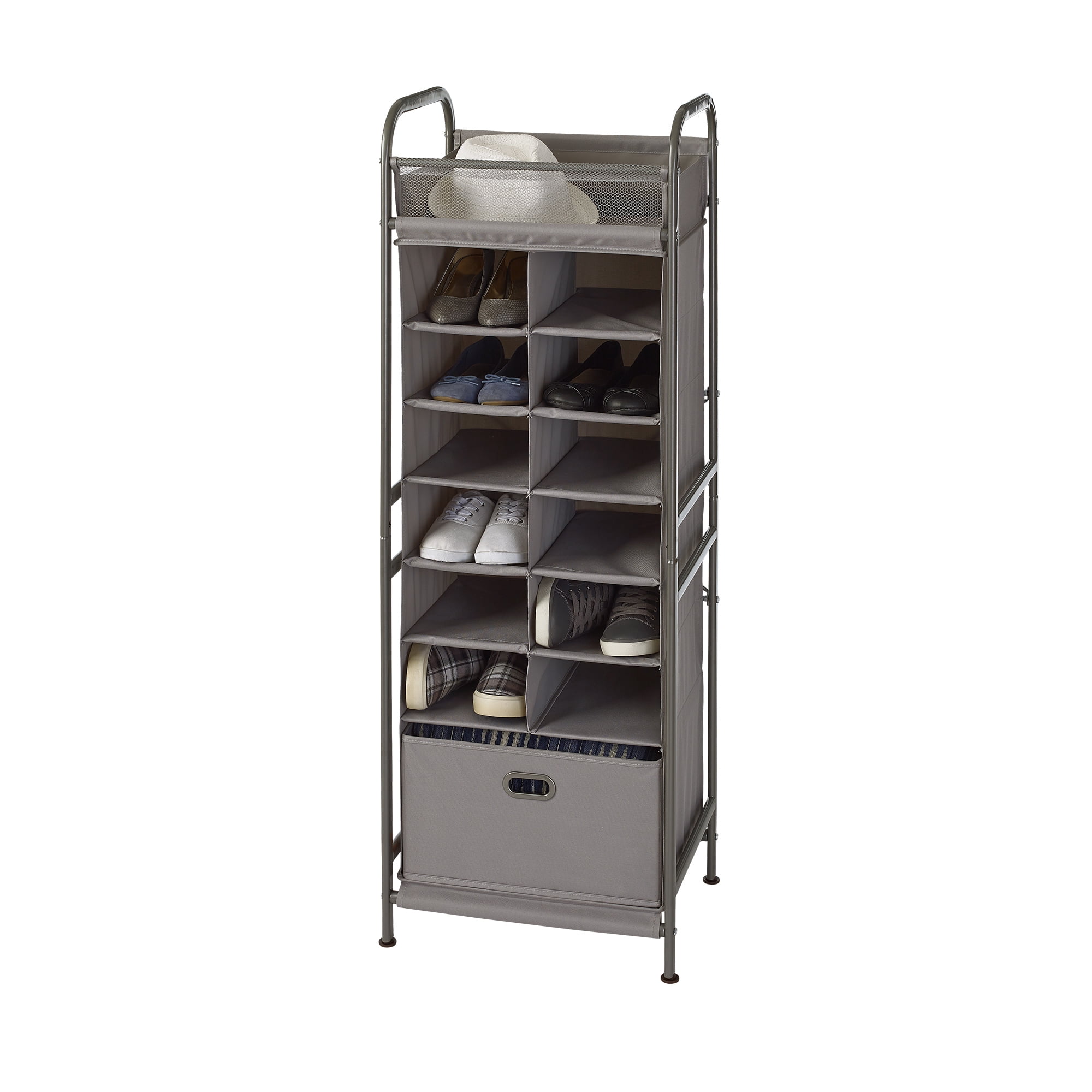 Neatfreak Vertical 12 Cubby Silver Shoe Rack and Organizer with 1 Drawer, Freestanding, Metal and Fabric