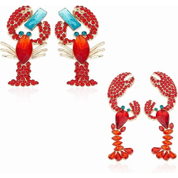 2 Pairs Lobster Earrings Red Crawfish Ear Stud Cute Crawfish Shaped Rhinestone Beaded Earrings Ocean Animal Earrings Unique Beach Fashion Holiday Jewerly Gift for Women