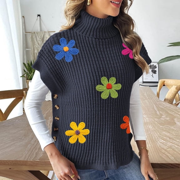 Snorda Sweaters for Women Turtleneck Sleeveless Knit Sweater Colorful 3-Dimensional Pullover Sweaters with Side Button Detail Loose Fits Top for Fall Winter Layering Wear